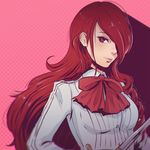  blush bow breasts chromatic_aberration collared_shirt ears eyelashes hair_over_one_eye holding holding_sword holding_weapon kirijou_mitsuru koyorin lips long_hair long_sleeves looking_at_viewer medium_breasts nose persona persona_3 pink_background polka_dot polka_dot_background red_eyes red_hair shirt smile solo sword very_long_hair watermark weapon web_address 
