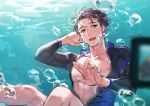  1boy :d adam&#039;s_apple air_bubble blush bubble chest collarbone fish grand_dobu legs male_focus muscle nipple_slip nipples open_mouth pectorals purple_eyes purple_hair recording smile solo_focus underwater unzipped 