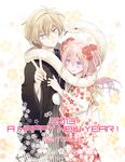  1girl 2013 akeome artist_name commentary_request floral_print flower hair_flower hair_ornament haori happy_new_year hetero hug itsuki_(s2_129) japanese_clothes kimono looking_at_viewer nengajou new_year original slit_pupils snake tears v wavy_mouth 