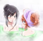  alternate_hairstyle bare_shoulders bathtub black_hair blood blood_from_mouth blush brown_eyes brown_hair female_pervert green_eyes hair_bun hair_up hayashiya_zankurou ichijou_hotaru koshigaya_komari long_hair multiple_girls non_non_biyori nosebleed open_mouth partially_submerged pervert smile towel towel_on_head yuri 