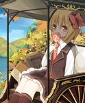  black_dress blonde_hair blue_sky candy carriage cloud day dress food hair_ribbon lollipop long_sleeves looking_at_viewer necktie red_eyes ribbon rumia shirt sitting sky solo touhou yuuhagi_(amaretto-no-natsu) 