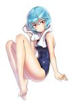  alternate_costume arm_support ayanami_rei bangs barefoot blue_hair breasts feet full_body kws looking_to_the_side medium_breasts name_tag neon_genesis_evangelion one-piece_swimsuit partially_submerged red_eyes school_swimsuit short_hair sitting solo swimsuit towel water white_background 