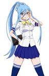  aoki_hagane_no_arpeggio bespectacled blue_eyes blue_hair book glasses long_hair ponytail ribonzu solo takao_(aoki_hagane_no_arpeggio) thighhighs uniform 