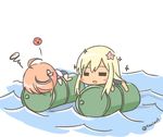  =_= ahoge blonde_hair chibi drum_(container) hair_ornament i-58_(kantai_collection) kantai_collection light_brown_hair multiple_girls ocean rexlent ro-500_(kantai_collection) school_swimsuit school_uniform serafuku short_hair swimsuit 