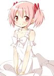  bare_shoulders blush dress hair_ribbon highres kaname_madoka looking_at_viewer mahou_shoujo_madoka_magica pink_eyes pink_hair red_ribbon ribbon short_hair short_twintails simple_background sleeveless sleeveless_dress smile solo sundress tsubaki_(tatajd) twintails two_side_up white_background wristband 