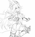  &gt;:) ass bangs breasts cape draph elbow_gloves from_behind gene_(gear_gene) gloves granblue_fantasy greyscale grin hair_between_eyes horns large_breasts lineart long_hair looking_back miniskirt monochrome simple_background skirt smile solo thalatha_(granblue_fantasy) thighhighs v-shaped_eyebrows very_long_hair white_background 