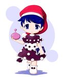  blob blue_eyes blue_hair blush book bootie chibi colored_eyelashes doremy_sweet dream_soul dress eoh-nanbei hand_up hat highres looking_at_viewer nightcap pom_pom_(clothes) short_hair short_sleeves simple_background smile solo tail tapir_tail touhou two-tone_background walking 