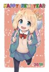  1girl 2019 :d animal_ears backpack bag black_footwear black_legwear blazer blonde_hair blue_eyes blue_jacket blue_skirt boar bow bowtie buttons chinese_zodiac collared_shirt commentary_request hair_bow happy_new_year holding jacket kirigaya_yuuji long_hair long_sleeves looking_at_viewer miniskirt new_year open_clothes open_jacket open_mouth original pantyhose pleated_skirt red_bow red_neckwear school_uniform shirt shoes skirt sleeping_bag smile solo sweater tareme undershirt upper_teeth white_shirt 