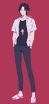  1boy absurdres black_hair bom_ya bracelet collarbone electric_fan fan full_body green_eyes hands_in_pockets hello_kitty heterochromia highres hypnosis_mic jewelry male_focus mole mole_under_eye necklace open_clothes open_shirt red_background sandals simple_background solo yamada_jirou 