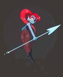  blue_skin clothing eye_patch eyewear fangs fish hair lollibeepop marine melee_weapon monster polearm red_hair smile solo spear undertale undyne weapon 