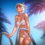  bandeau bikini blue_sky breasts brown_eyes cleavage collarbone day jonathan_hamilton league_of_legends looking_at_viewer medium_breasts navel palm_tree pool_ladder riven_(league_of_legends) sky solo swimsuit tree white_bikini white_hair 