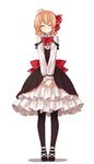  ^_^ ahoge alternate_costume black_dress black_legwear blonde_hair blush closed_eyes dress full_body hair_ornament hair_ribbon highres long_sleeves pantyhose petticoat ribbon rumia sash sh_(562835932) shoes short_hair simple_background smile solo touhou white_background 