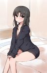  bed black_hair blush breasts cleavage half_updo hands_on_own_knees kara_no_kyoukai looking_at_viewer medium_breasts naked_sweater ohitashi_netsurou on_bed ryougi_shiki sitting solo sweater 