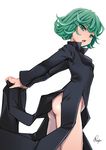  ass baicha green_eyes green_hair highres one-punch_man open_mouth short_hair signature simple_background solo tatsumaki thighs white_background 