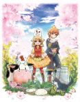  1boy 1girl animal animal_hug animal_on_head bird boots bottle brown_hair cat cherry_blossoms chick chicken cloud cow cross-laced_footwear dog dress fang farm flower happy harvest_moon harvest_moon:_the_tale_of_two_towns head_scarf highres holding knee_boots lace-up_boots lillian_(harvest_moon) looking_at_viewer milk_bottle mouth_hold on_head open_mouth pantyhose philip_(harvest_moon) plaid plaid_dress puffy_short_sleeves puffy_sleeves red_legwear rooster short_hair short_sleeves shorts skirt_hold sky smile tree vest 