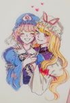  2girls ^_^ blonde_hair closed_eyes commentary eyes_closed hand_holding hand_on_another&#039;s_shoulder hat heart long_hair mob_cap multiple_girls orz_(kagewaka) pink_eyes pink_hair saigyouji_yuyuko short_hair smile touhou traditional_media yakumo_yukari yuri 