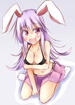  absurdres animal_ears black_bra blush bra breasts bunny_ears cleavage covering covering_breasts highres kuzumomo large_breasts miniskirt open_mouth purple_hair red_eyes reisen_udongein_inaba sitting skirt solo tears touhou underwear wariza 