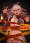  :o ahoge blonde_hair blue_eyes breasts caution_tape glasses highres instant_ip large_breasts long_hair looking_at_viewer navel open_mouth outstretched_hand sarah_o'connell smashing_the_battle solo thighhighs unaligned_breasts wardrobe_malfunction white_legwear 
