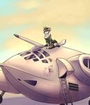  aircraft airplane anthro blonde_hair breasts canine cleavage clothed clothing combatraccoon english_text female fox garter hair hat looking_at_viewer mammal military outside pinup pose solo text world_war_2 