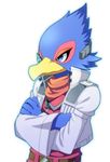  anthro avian beak bird blue_eyes blue_feathers clothing falco_lombardi feathers headset male minamo25 nintendo scarf solo star_fox video_games 