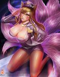  ahri alternate_costume animal_ears areola_slip areolae arm_behind_back badcompzero bangs belt blonde_hair blush bow breasts brown_legwear character_name cleavage epaulettes facial_mark fox_ears fox_tail full_body hair_between_eyes hat hat_bow headset heart jewelry kneeling large_breasts league_of_legends legwear_under_shorts lipstick long_hair long_sleeves makeup multiple_tails necklace pantyhose pantyhose_under_shorts peaked_cap popstar_ahri salute short_shorts shorts sidelocks sign signature smile solo stage tail thighs watermark web_address whisker_markings yellow_eyes 