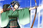  aiming archery arrow blue_eyes blue_hair bow_(weapon) breasts brown_gloves drawing_bow flight_deck gloves hachimaki headband holding holding_arrow holding_bow_(weapon) holding_weapon kantai_collection kyuudou large_breasts nishi_koutarou open_mouth outstretched_arm short_hair single_glove skirt solo souryuu_(kantai_collection) weapon wide_sleeves 