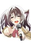  :d brown_eyes brown_hair idolmaster idolmaster_cinderella_girls iwasaki_takashi long_hair looking_at_viewer microphone one_side_up open_mouth s(mile)ing! school_uniform shimamura_uzuki smile solo sweat 