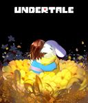  2015 asriel_dreemurr black_background brown_hair caprine clothing crying flower goat hair human long_ears mammal milkybee_(artist) monster plant protagonist_(undertale) simple_background tears text undertale 