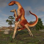  2019 ambiguous_gender digital_media_(artwork) dragon duo feral giraffe giraffid hi_res kirill475 mammal riding scalie size_difference sky 