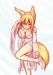  animal_ears blonde_hair blush breasts downblouse fox_ears fox_tail highres himeka_chiyako large_breasts leaning_forward long_hair minaha_(playjoe2005) original see-through solo tail undressing wet wet_clothes 