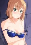  blonde_hair blue_bra blue_panties blush bra bra_pull breasts commentary_request frilled_bra frilled_panties frills green_eyes highres looking_at_viewer marimotencho md5_mismatch miyamori_aoi nipples open_mouth panties shirobako short_hair small_breasts solo sweat underwear underwear_only undressing 