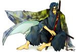  angry barefoot blue_hakama date_masamune eyepatch hakama haori japanese_clothes kamera katana male_focus original sitting solo sword weapon 