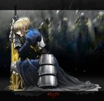  ahoge armor artoria_pendragon_(all) bad_id bad_pixiv_id blonde_hair blood blood_in_mouth bloody_clothes braid dress excalibur fate/stay_night fate/zero fate_(series) from_side gauntlets green_eyes highres monkey_buonarroti one_knee petals planted_sword planted_weapon profile saber solo sword weapon 