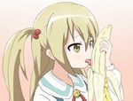  banana blonde_hair elel185 food fruit gradient gradient_background hair_between_eyes hair_bobbles hair_ornament himeki_chifuyu inou-battle_wa_nichijou-kei_no_naka_de licking long_hair phallic_symbol pink_background school_uniform sexually_suggestive solo tongue tongue_out two_side_up yellow_eyes 