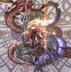  :d absurdres black_legwear blonde_hair book boots cagliostro_(granblue_fantasy) crown dragon granblue_fantasy highres kumonji_aruto long_hair looking_at_viewer open_book open_mouth ouroboros_(granblue_fantasy) purple_eyes sharp_teeth sitting smile teeth 