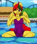  2015 absurd_res anthro attraction bulge clothing crossdressing equine eyeshadow fan_character green_hair hair hi_res kloudmutt makeup male mammal my_little_pony pegasus purple_eyes red_hair roller_coaster solo swimming_pool swimsuit water wings 