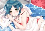  bad_id bad_pixiv_id blue_hair blush bubble camisole green_eyes lying murabito_c on_bed on_side panties parted_lips pillow rinoda_mano school_girl_strikers solo underwear waking_up white_panties 