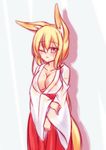  animal_ears blonde_hair blush breasts cleavage fox_ears fox_tail green_eyes highres himeka_chiyako large_breasts long_hair minaha_(playjoe2005) one_eye_closed original solo tail wet wet_clothes 