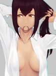  adjusting_hair bangs black_hair breasts chromatic_aberration collarbone collared_shirt dress_shirt grey_background hair_tie hand_in_hair ibuki_imina light_smile long_hair long_sleeves looking_away looking_to_the_side medium_breasts mouth_hold naked_shirt no_bra onaka_itai open_clothes open_shirt school_girl_strikers shirt signature solo tying_hair upper_body white_shirt yellow_eyes 