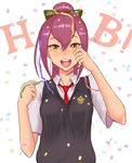  :d bangs blush bow confetti green_bow hair_bow happy happy_birthday ibuki_imina looking_at_viewer necktie open_mouth ponytail purple_hair school_girl_strikers school_uniform shigatsugata smile solo tears vest wiping_tears yellow_eyes 