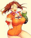  1girl between_breasts blood blush boots breasts brown_hair cleavage diane_(nanatsu_no_taizai) fingerless_gloves giantess gloves huge_breasts king_(nanatsu_no_taizai) leotard long_hair mochimochimochi nanatsu_no_taizai nosebleed orange_leotard person_between_breasts puffy_sleeves short_hair smile twintails 