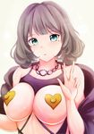  absurdres breastless_clothes breasts brown_hair covered_nipples green_eyes heart_pasties highres idolmaster idolmaster_cinderella_girls jewelry large_breasts looking_at_viewer md5_mismatch mole mole_under_eye necklace pasties revision short_hair solo takagaki_kaede v yeyebirdie 