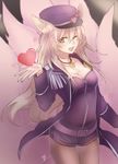  ;d ahri alternate_costume alternate_hairstyle animal_ears bangs belt bow breasts cleavage cowboy_shot epaulettes facial_mark fang fox_ears fox_tail grey_legwear hair_between_eyes hat hat_bow heart jewelry league_of_legends legwear_under_shorts long_hair looking_at_viewer medium_breasts multiple_tails necklace one_eye_closed open_clothes open_mouth orange_eyes pantyhose pantyhose_under_shorts peaked_cap popstar_ahri riffey short_shorts shorts silver_hair smile solo tail thigh_gap whisker_markings 