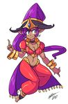  adapted_costume bangle barefoot bigdead93 blue_eyes bracelet breasts choker cleavage dark_skin forehead_jewel full_body harem_pants hat highres index_finger_raised jewelry large_breasts long_hair midriff navel pants pointy_ears ponytail puffy_short_sleeves puffy_sleeves purple_hair shantae_(character) shantae_(series) short_sleeves smile solo toes very_long_hair visor_cap witch_hat 