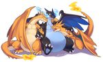  artist_request blue_fire blush charizard claws dragon fangs fire harem mega_charizard_x mega_charizard_y mega_pokemon meganemido no_humans pokemon pokemon_(game) simple_background spikes tongue_out wings 