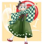  alternate_costume black_hairband blue_eyes blush checkered full_body green_skirt hairband hakama hitodama japanese_clothes konpaku_youmu konpaku_youmu_(ghost) long_skirt long_sleeves looking_at_viewer meiji_schoolgirl_uniform nagare obi open_mouth oriental_umbrella outstretched_arms ribbon sandals sash short_hair silver_hair skirt smile solo touhou umbrella white_legwear wide_sleeves 