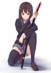  black_legwear brown_eyes brown_hair character_name katana long_hair looking_at_viewer miyama_tsubame onaka_itai one_knee school_girl_strikers school_uniform skirt smile solo sword thighhighs weapon zettai_ryouiki 