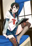  :d bad_id bad_pixiv_id black_hair glasses green_eyes kantai_collection long_hair long_sleeves looking_at_viewer notebook ojipon on_bed ooyodo_(kantai_collection) open_mouth school_uniform serafuku sitting sitting_on_bed skirt smile solo thighhighs thighs 