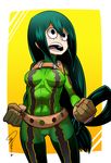  asui_tsuyu belt black_hair bodysuit boku_no_hero_academia gloves green_bodysuit hair_rings highres long_hair long_tongue low-tied_long_hair open_mouth solo steel_core_(jim) tongue 