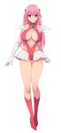  1girl bare_legs bare_shoulders blush boots breasts cleavage cleavage_cutout erect_nipples female full_body game_cg huge_breasts jewelry legs leotard long_hair looking_at_viewer magical_girl nipples numeko original pink_hair red_eyes shiny_skin sideboob smile solo standing 